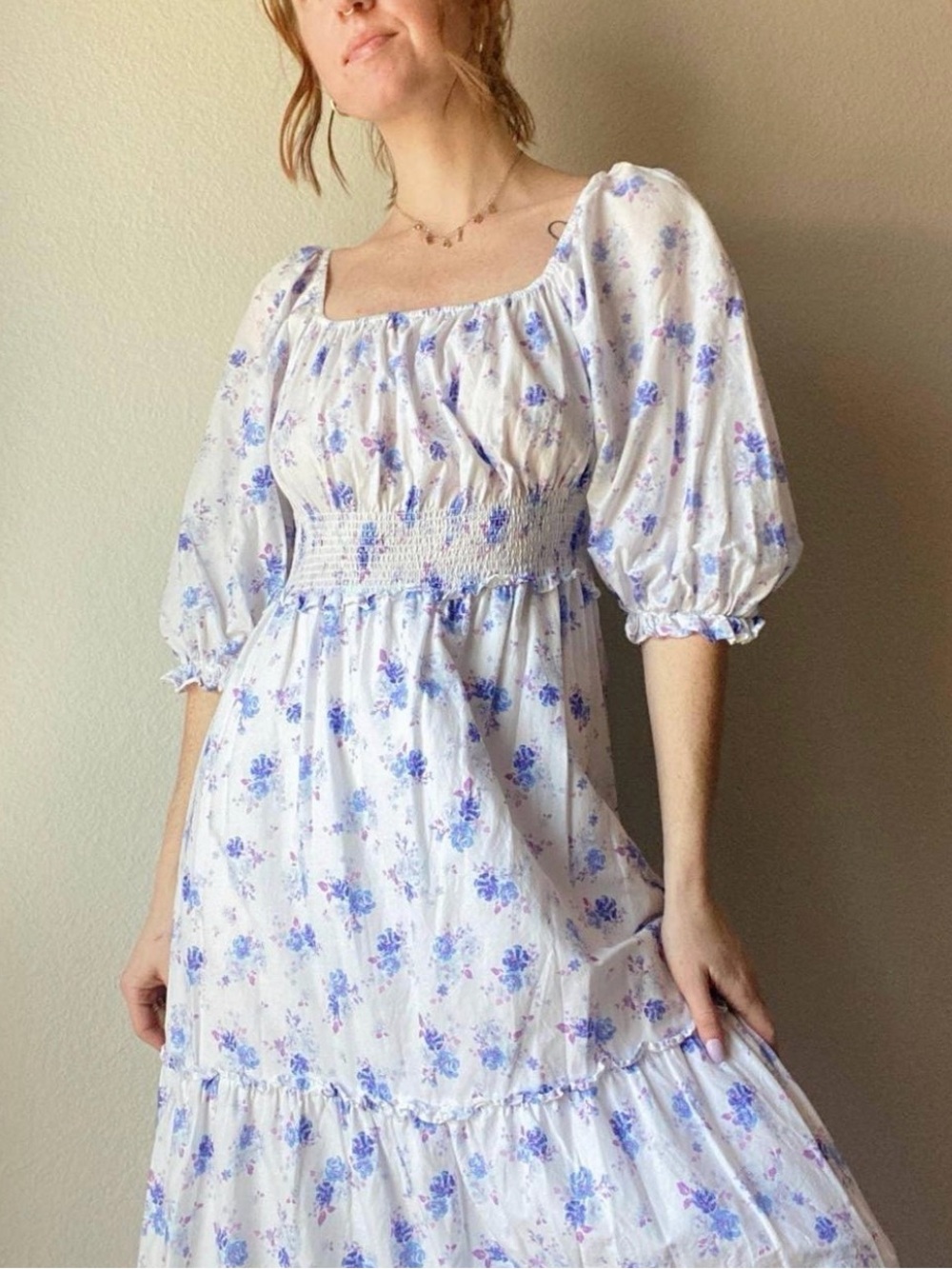LoveShackFancy White and Blue Floral Off-Shoulder Maxi Dress - Picture 6 of 6